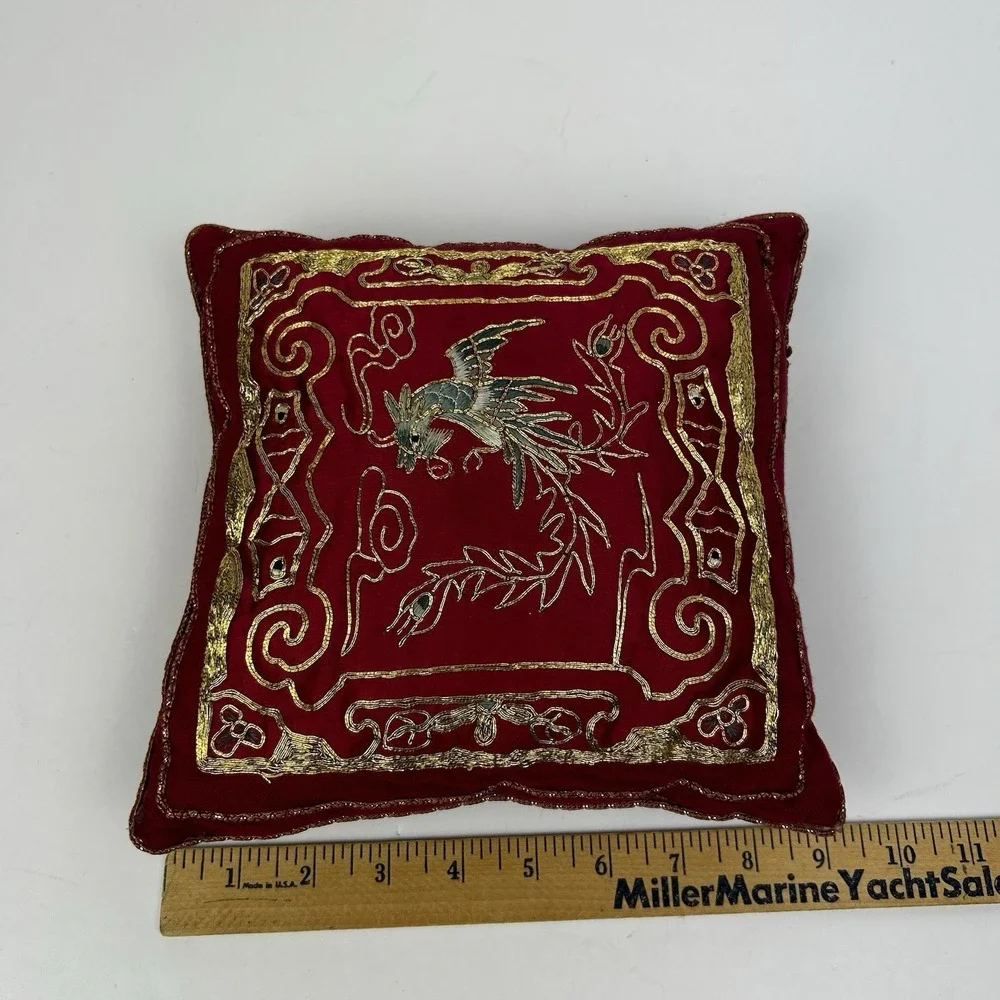 Vintage Red Silk Embroidered Chinese Phoenix Decorative Pillow Gold Thread Asian